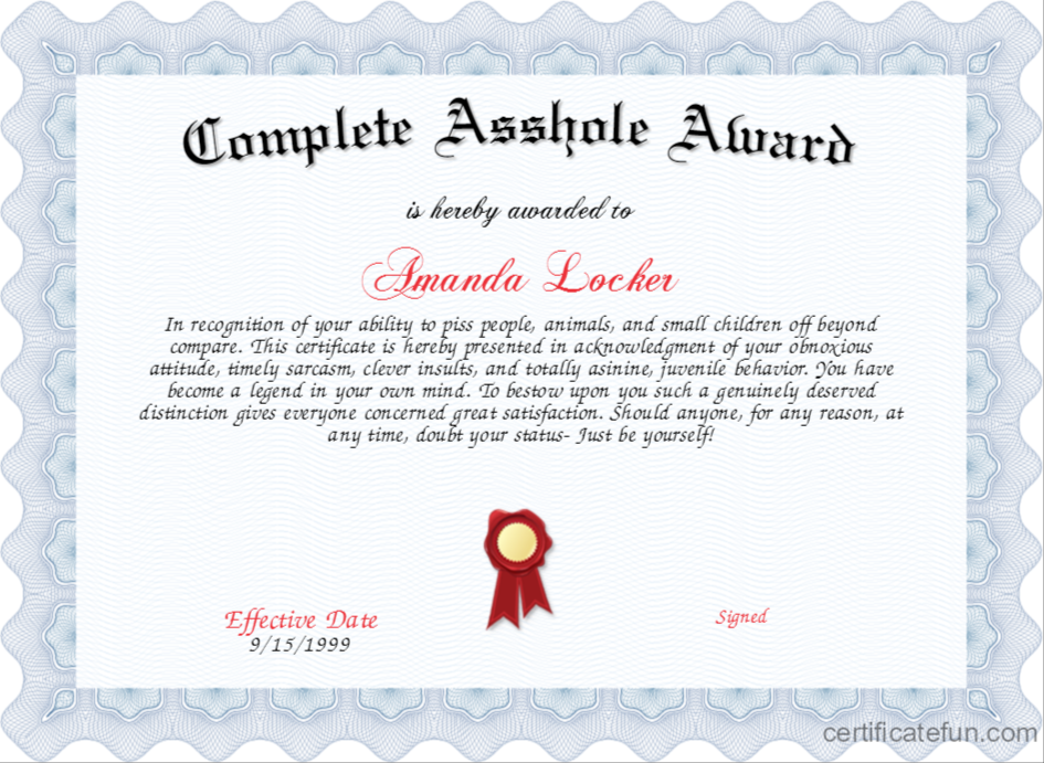 best of Asshole Certificate of complete